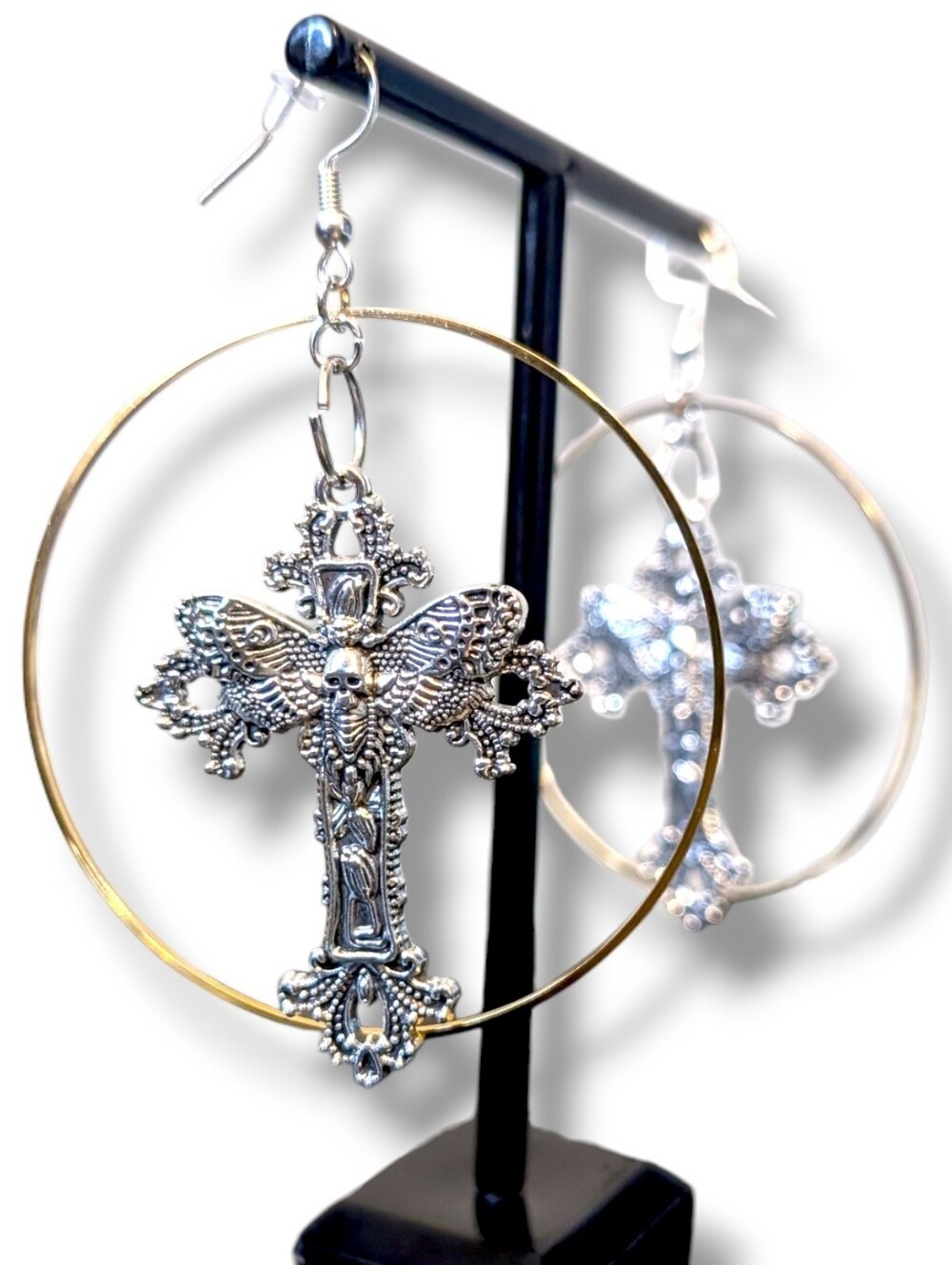 NWT Handmade Large Silver Death Moth Cross and Gold Hoop Layered Earrings